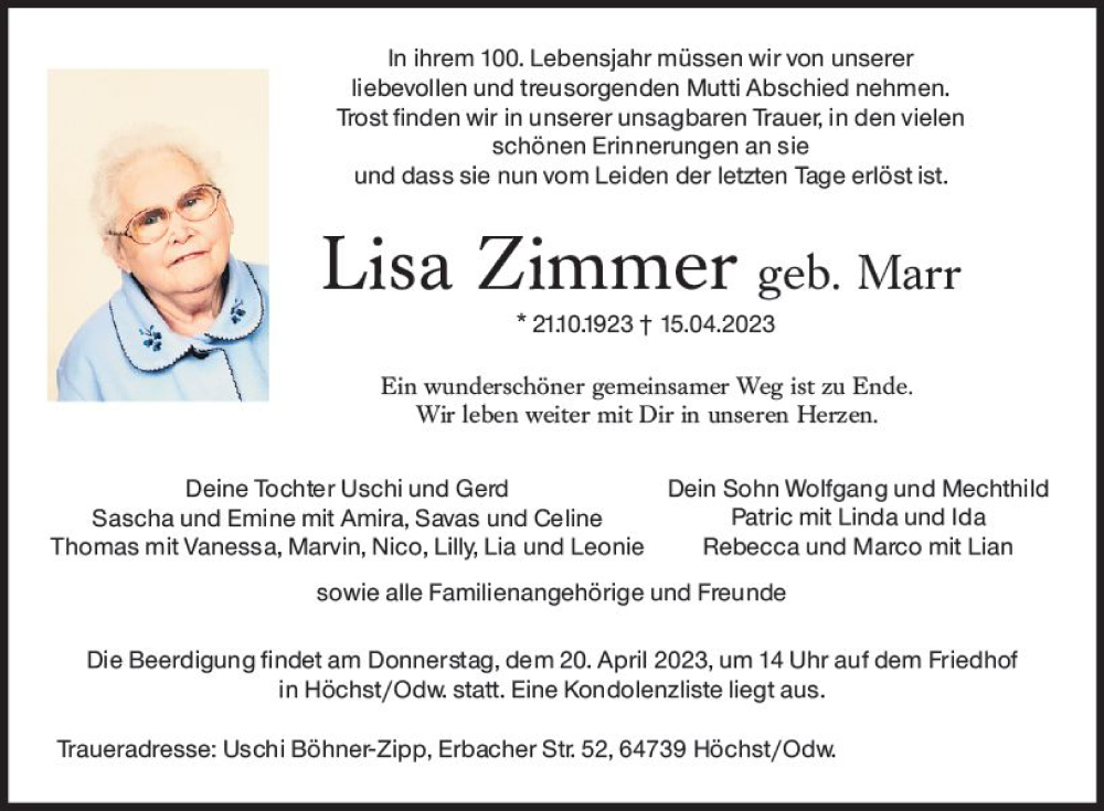  Traueranzeige für Lisa Zimmer vom 19.04.2023 aus Odenwälder Echo