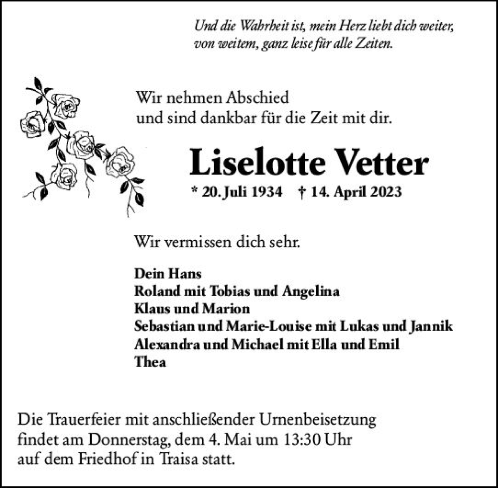  Traueranzeige für Liselotte Vetter vom 29.04.2023 aus Darmstädter Echo