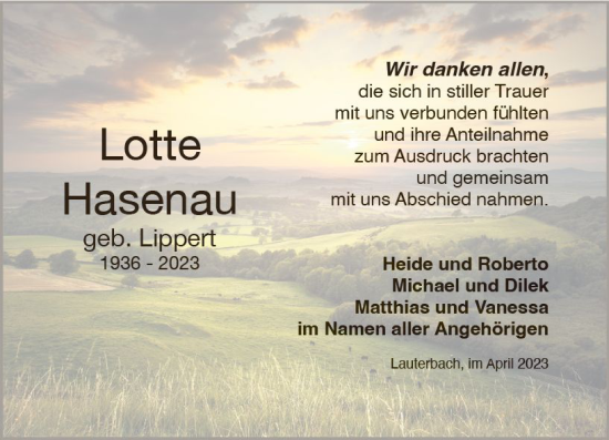 Traueranzeige von Lotte Hasenau von Oberhessen Kurier