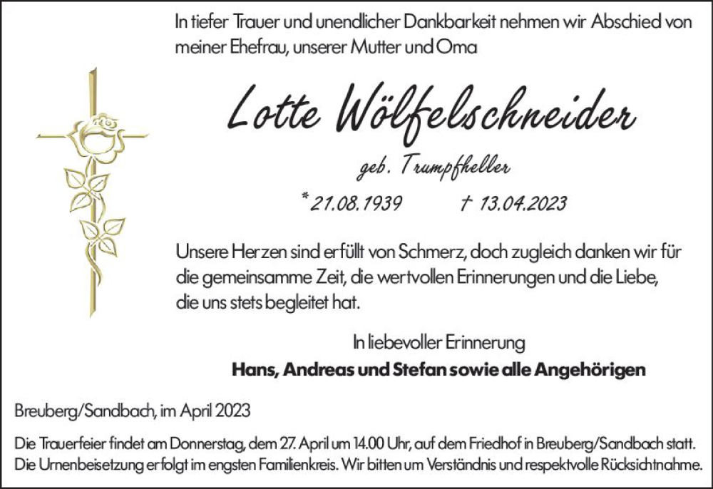  Traueranzeige für Lotte Wölfelschneider vom 22.04.2023 aus Odenwälder Echo