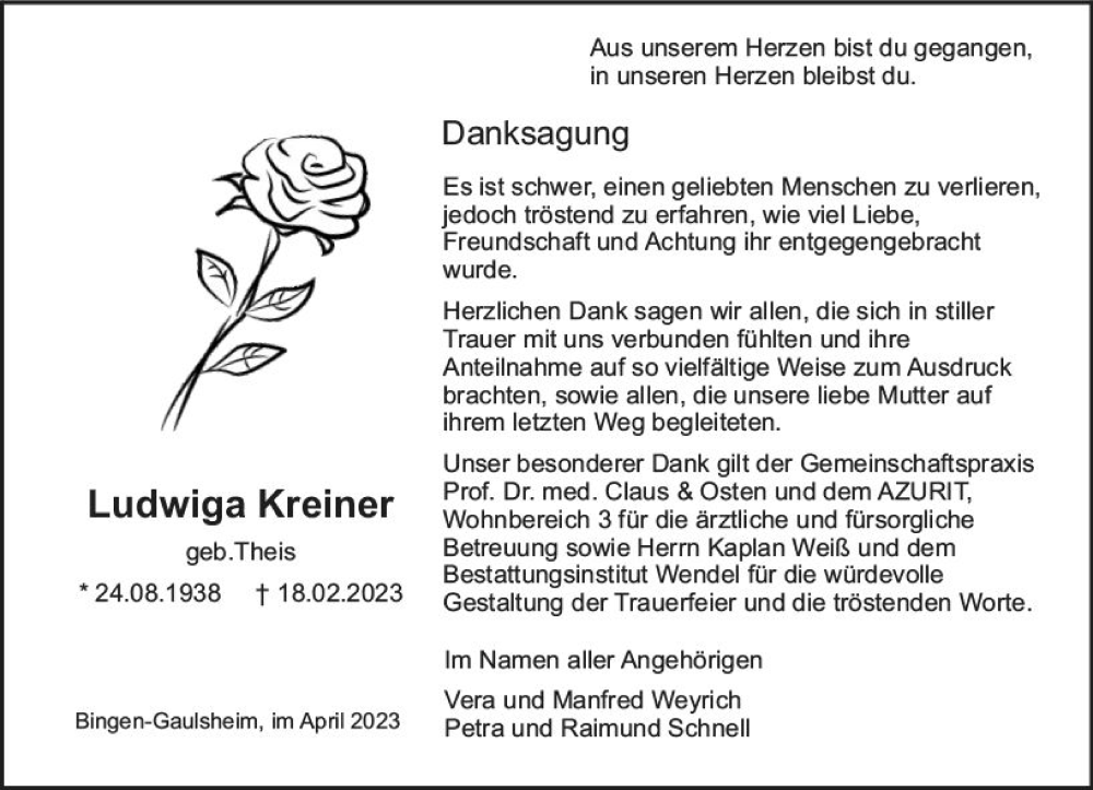  Traueranzeige für Ludwiga Kreiner vom 08.04.2023 aus Bingen/Ingelheim WOBL inkl. Neue Binger Ztg.