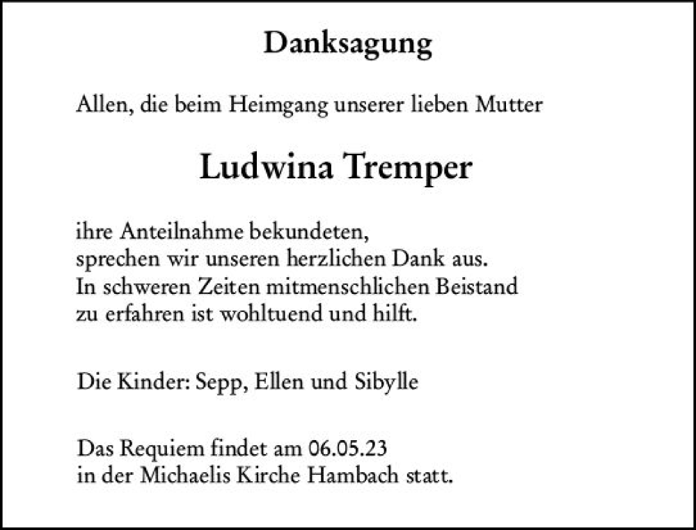  Traueranzeige für Ludwina Tremper vom 12.04.2023 aus Starkenburger Echo