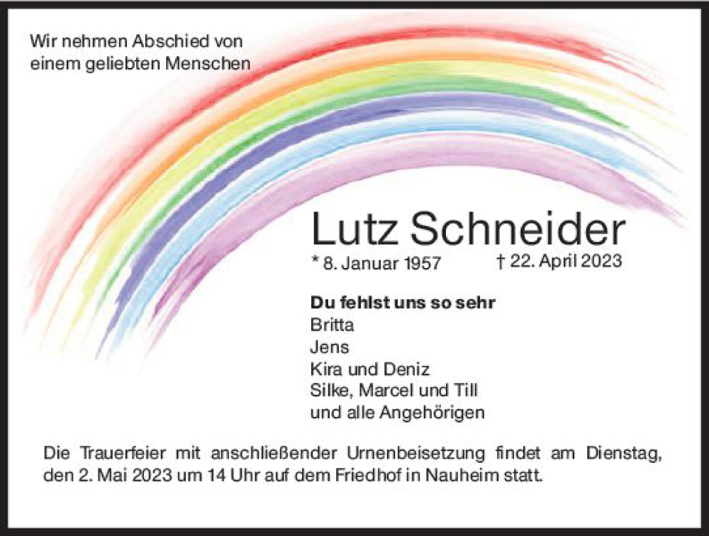  Traueranzeige für Lutz Schneider vom 29.04.2023 aus Rüsselsheimer Echo