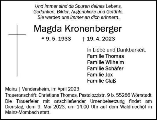 Traueranzeige von Magda Kronenberger von Allgemeine Zeitung Bingen/Ingelheim