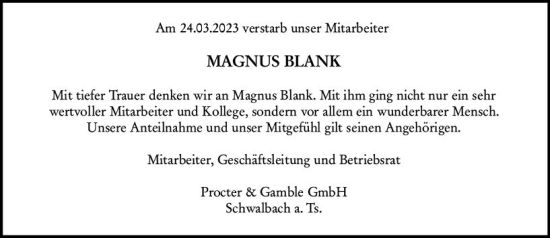 Traueranzeige von Magnus Blank von Camberger Anzeiger
