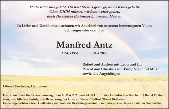 Traueranzeige von Manfred Antz von Allgemeine Zeitung Alzey