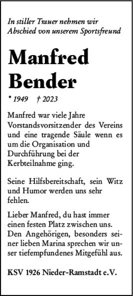 Traueranzeige von Manfred Bender von Darmstädter Echo