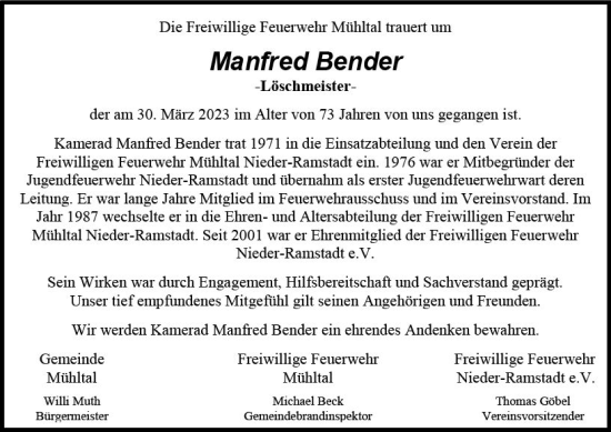 Traueranzeige von Manfred Bender von Darmstädter Echo