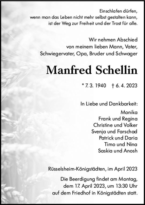 Traueranzeige von Manfred Schellin von Rüsselsheimer Echo