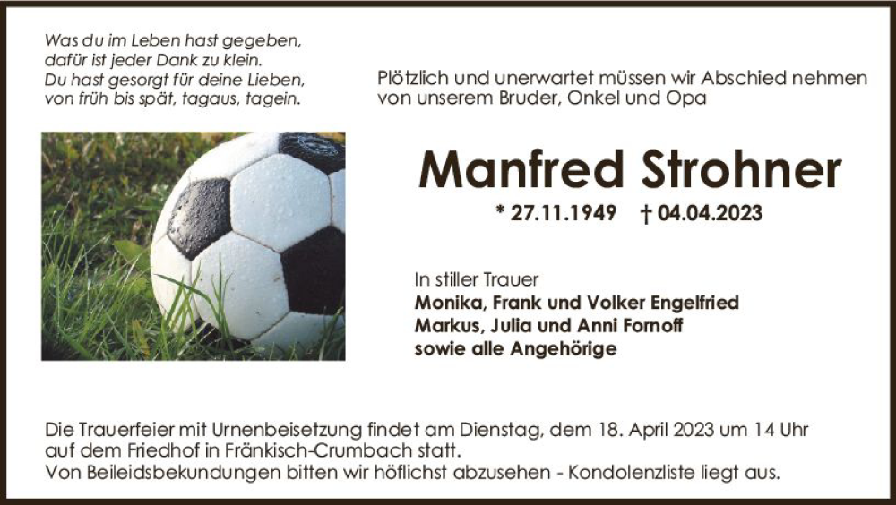  Traueranzeige für Manfred Strohner vom 15.04.2023 aus Odenwälder Echo