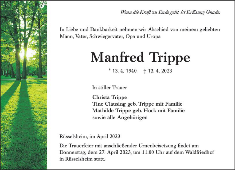  Traueranzeige für Manfred Trippe vom 15.04.2023 aus Rüsselsheimer Echo