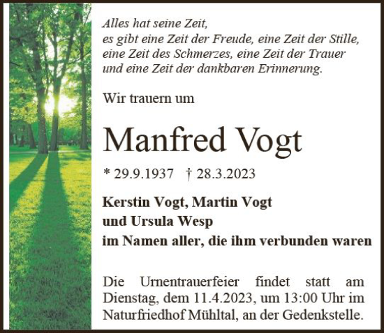 Traueranzeige von Manfred Vogt von Darmstädter Echo
