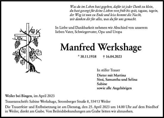 Traueranzeige von Manfred Werkshage von Allgemeine Zeitung Bingen/Ingelheim