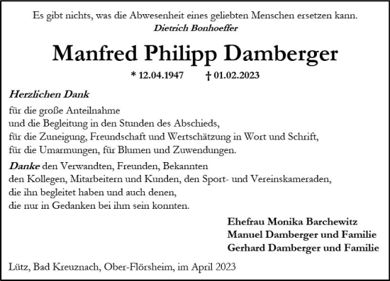 Traueranzeige von Manfred Philipp Damberger von Allgemeine Zeitung Alzey
