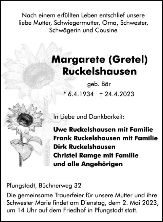 Traueranzeige von Margarete Ruckelshausen von Darmstädter Echo