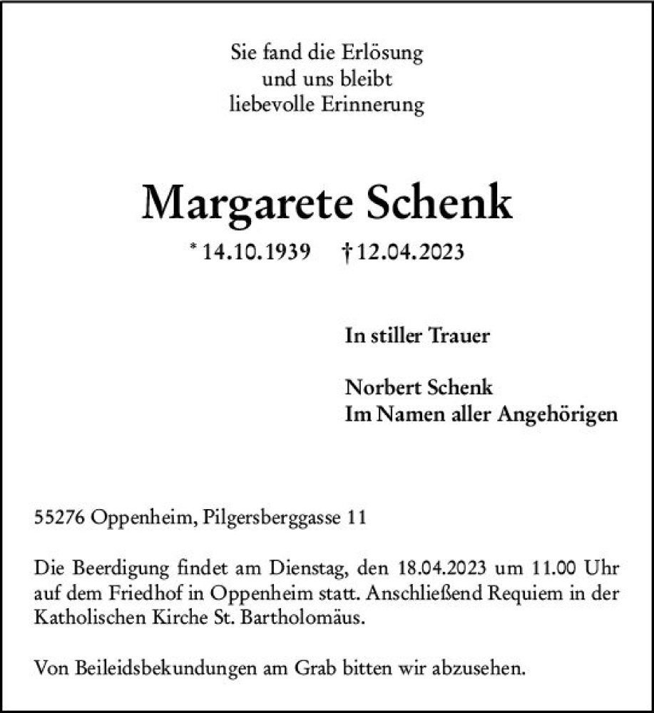 Traueranzeige für Margarete Schenk vom 15.04.2023 aus Allgemeine Zeitung Mainz