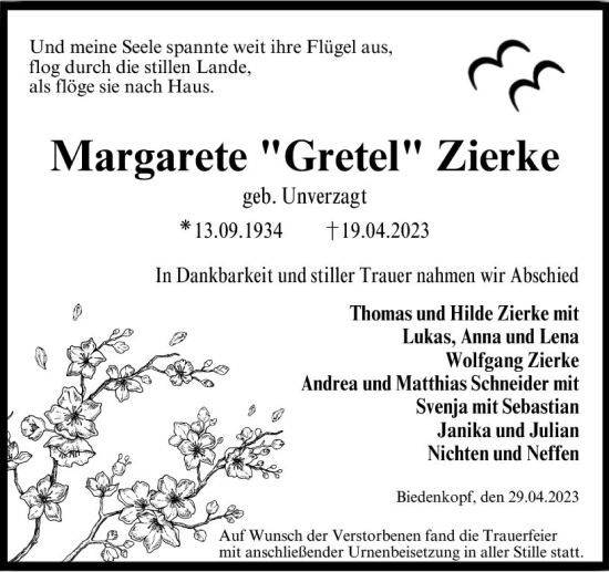 Traueranzeige von Margarete Zierke von Hinterländer Anzeiger