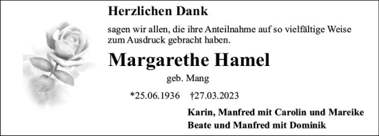 Traueranzeige von Margarethe Hamel von Starkenburger Echo