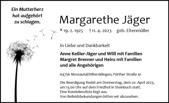 Traueranzeige von Margarethe Jäger von Odenwälder Echo