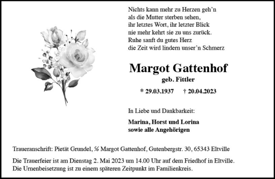 Traueranzeige von Margot Gattenhof von Rheingau Kurier