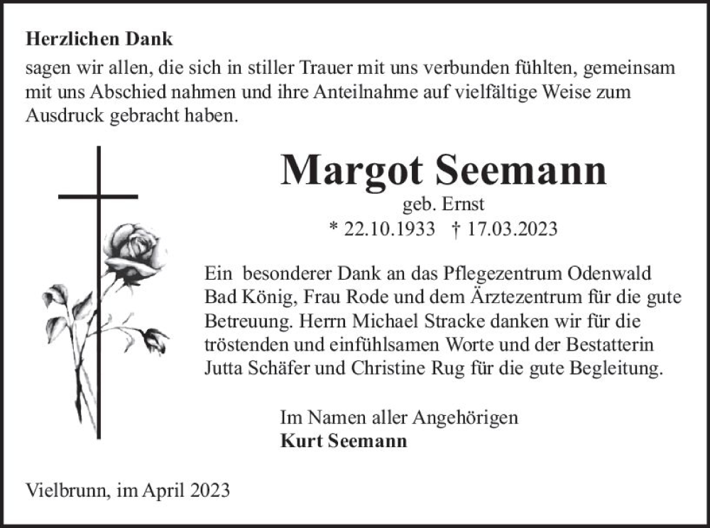  Traueranzeige für Margot Seemann vom 29.04.2023 aus Odenwälder Echo