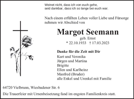 Traueranzeige von Margot Seemann von Odenwälder Echo