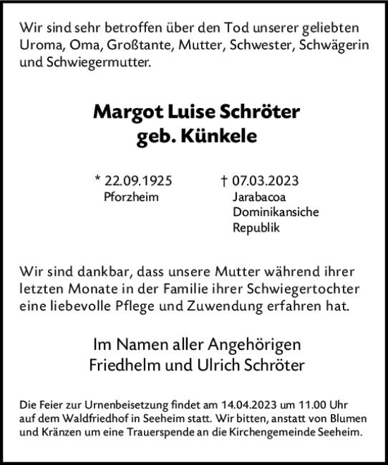 Traueranzeige von Margot Luise Schröter von Darmstädter Echo