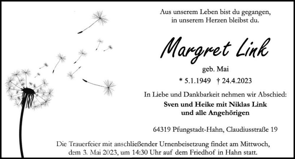  Traueranzeige für Margret Link vom 29.04.2023 aus Darmstädter Echo