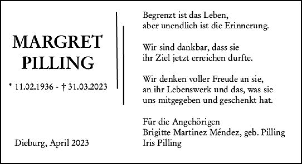  Traueranzeige für Margret Pilling vom 22.04.2023 aus Dieburger Anzeiger/Groß-Zimmerner Lokal-Anzeiger