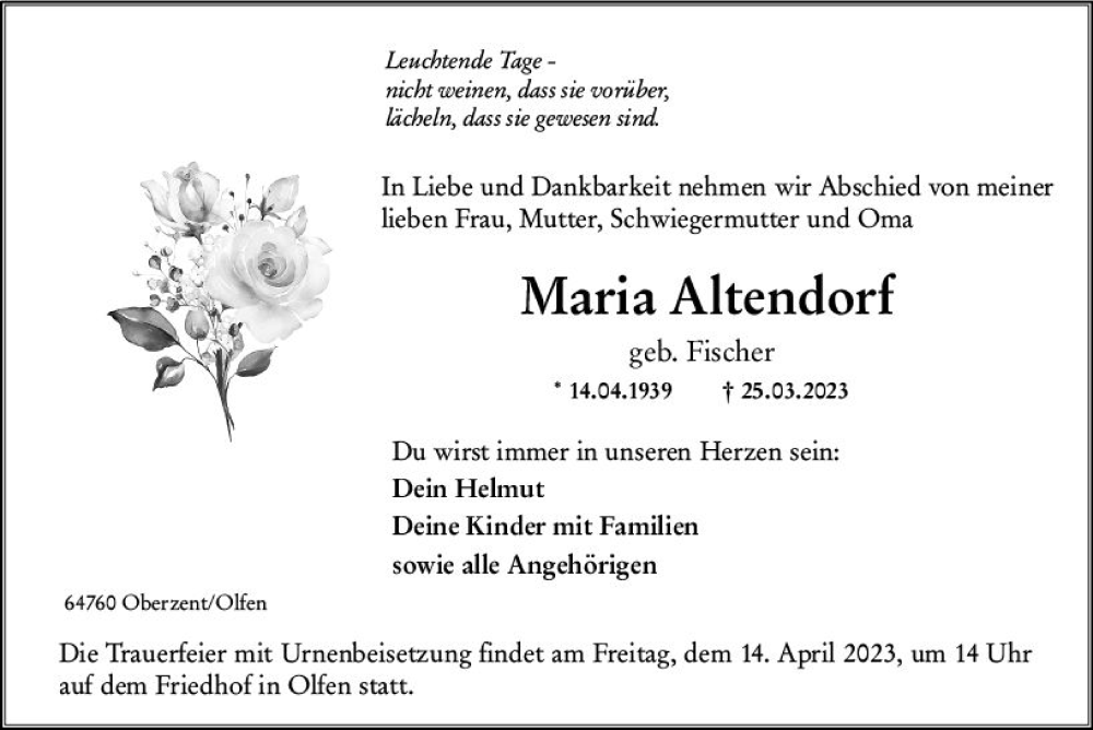  Traueranzeige für Maria Altendorf vom 08.04.2023 aus Odenwälder Echo