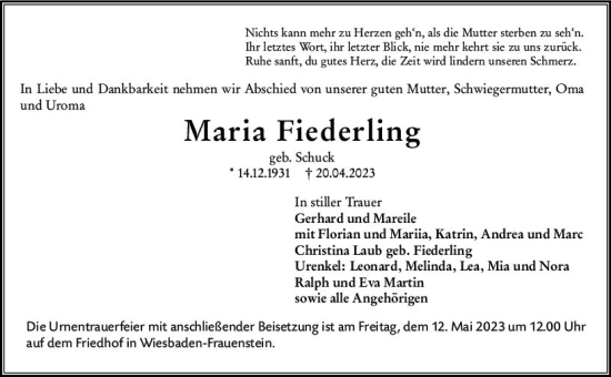 Traueranzeige von Maria Fiederling von Wiesbadener Kurier