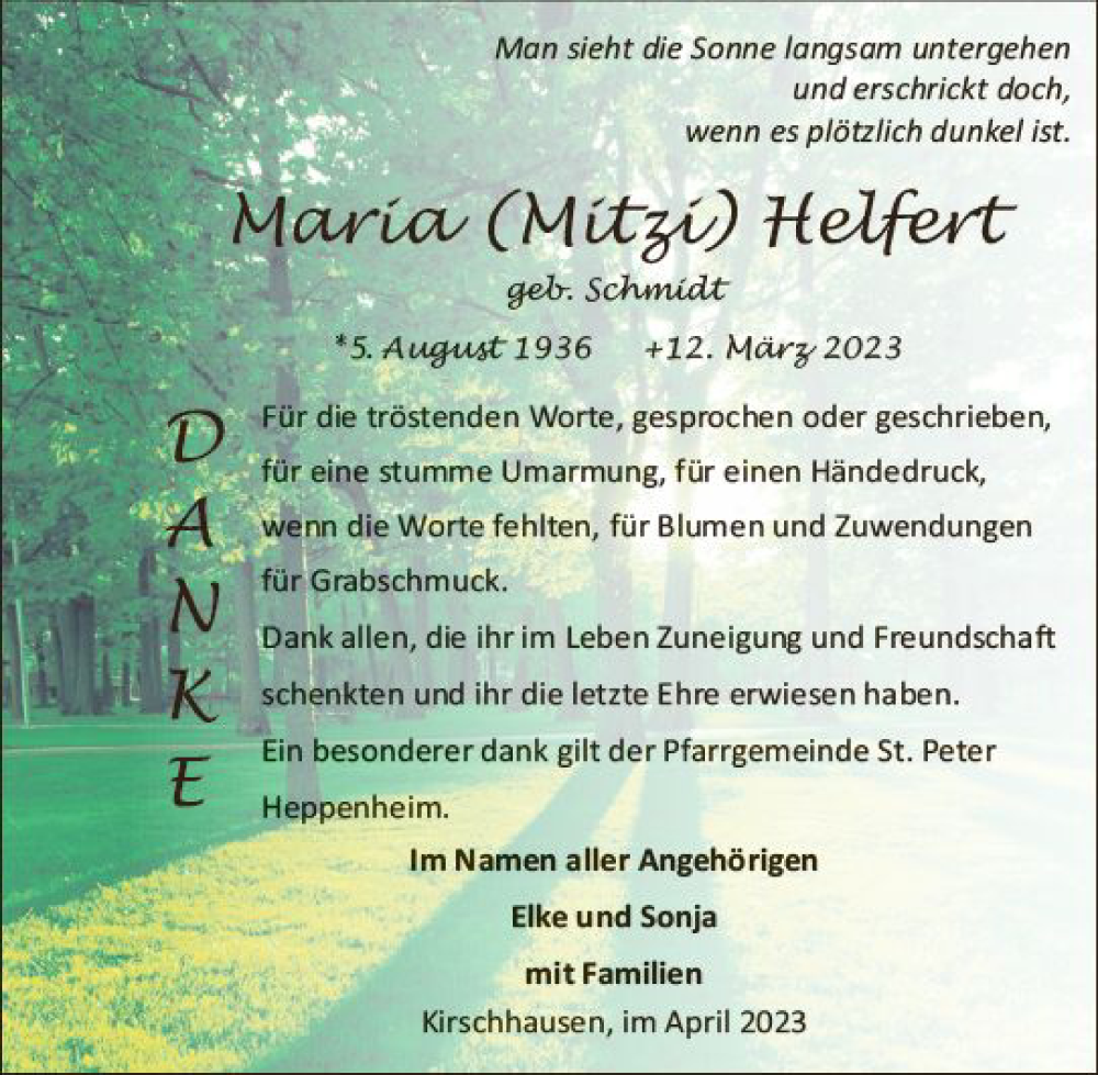  Traueranzeige für Maria Helfert vom 08.04.2023 aus Starkenburger Echo