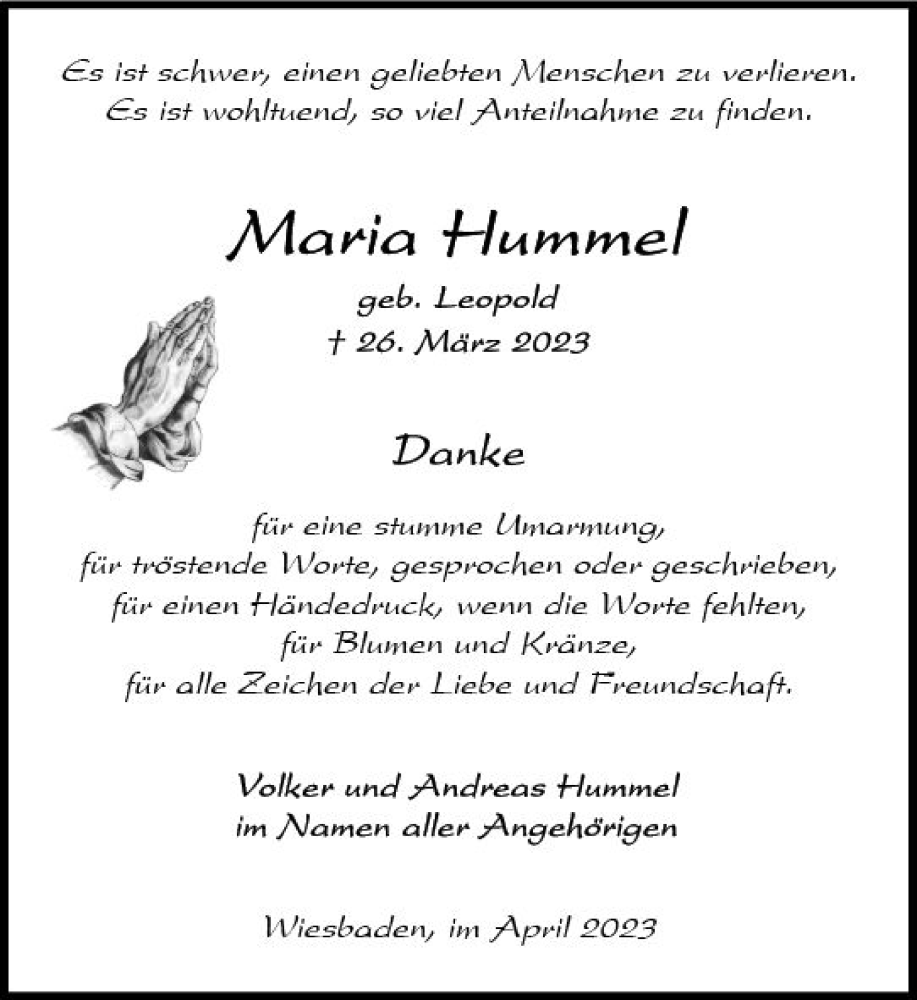  Traueranzeige für Maria Hummel vom 29.04.2023 aus Wiesbadener Kurier