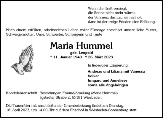 Traueranzeige von Maria Hummel von Wiesbadener Kurier