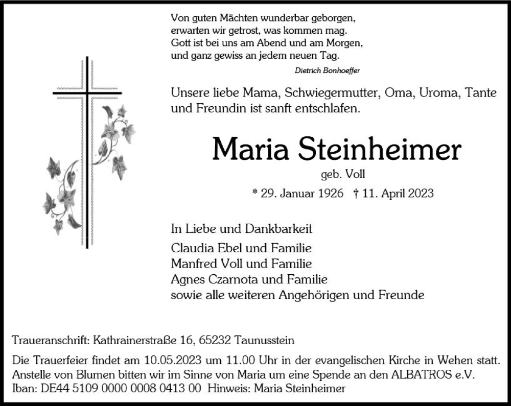  Traueranzeige für Maria Steinheimer vom 29.04.2023 aus Wiesbadener Kurier