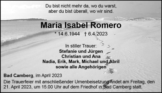 Traueranzeige von Maria Isabel Romero von Camberger Anzeiger