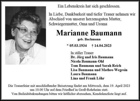 Traueranzeige von Marianne Baumann von Darmstädter Echo