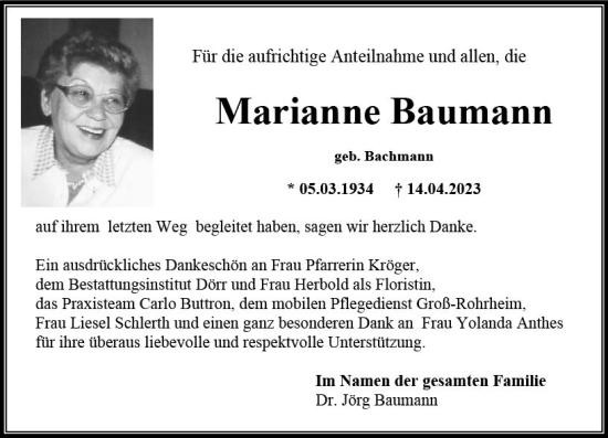 Traueranzeige von Marianne Baumann von Darmstädter Echo