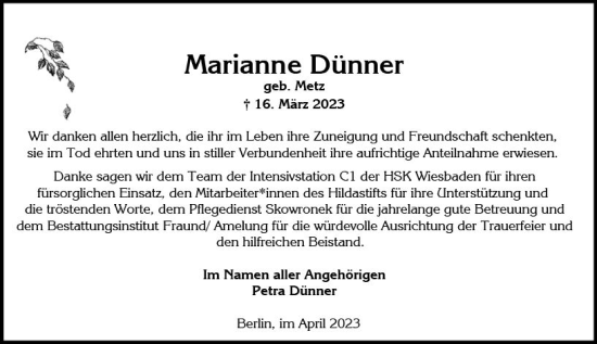 Traueranzeige von Marianne Dünner von Wiesbadener Kurier