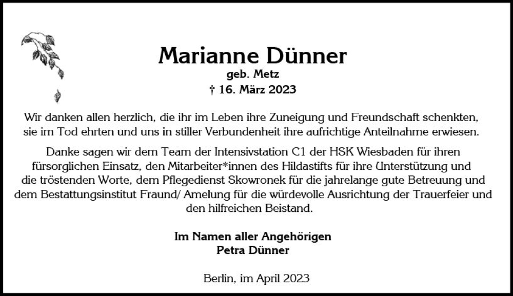  Traueranzeige für Marianne Dünner vom 08.04.2023 aus Wiesbadener Kurier