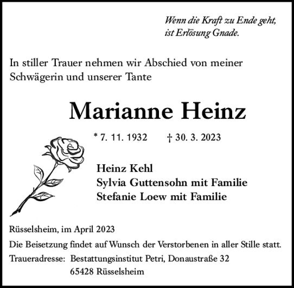  Traueranzeige für Marianne Heinz vom 08.04.2023 aus Rüsselsheimer Echo