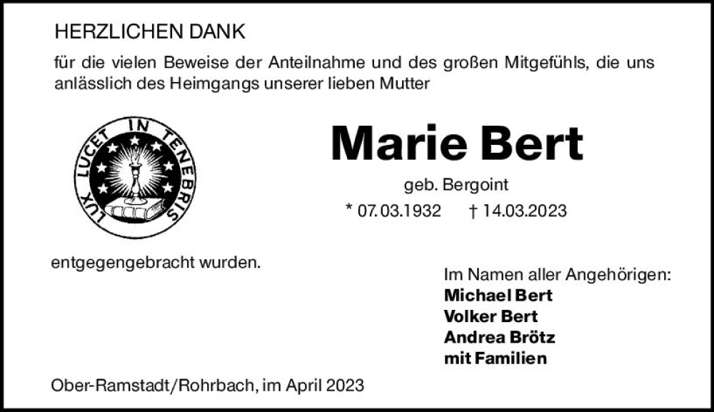  Traueranzeige für Marie Bert vom 22.04.2023 aus Darmstädter Echo