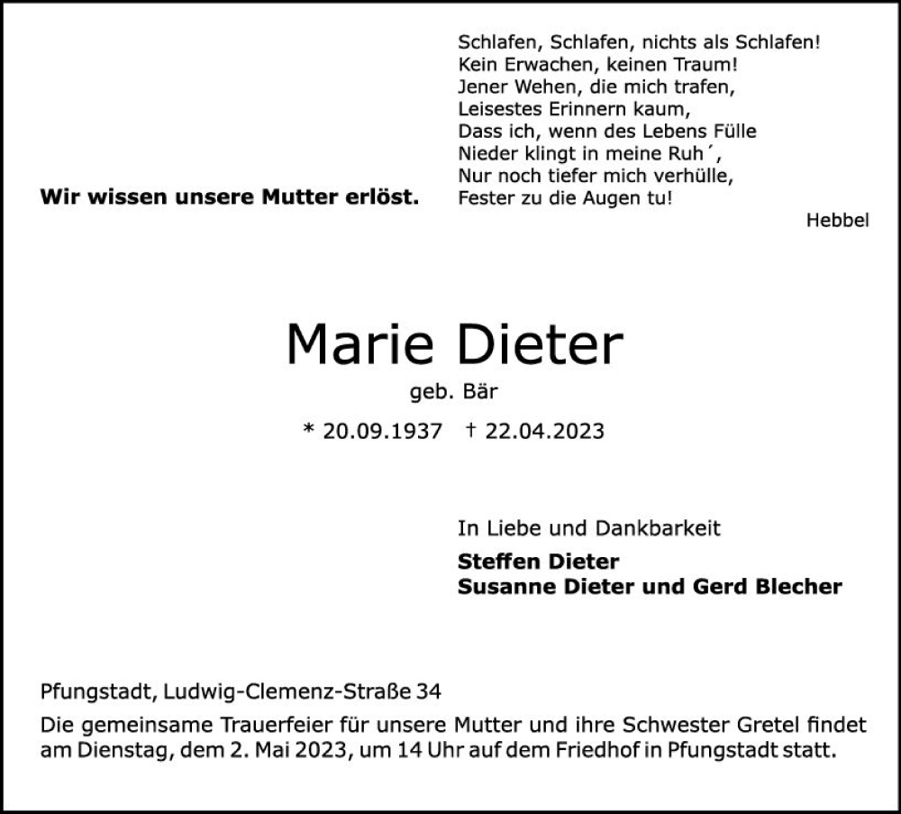  Traueranzeige für Marie Dieter vom 29.04.2023 aus Darmstädter Echo