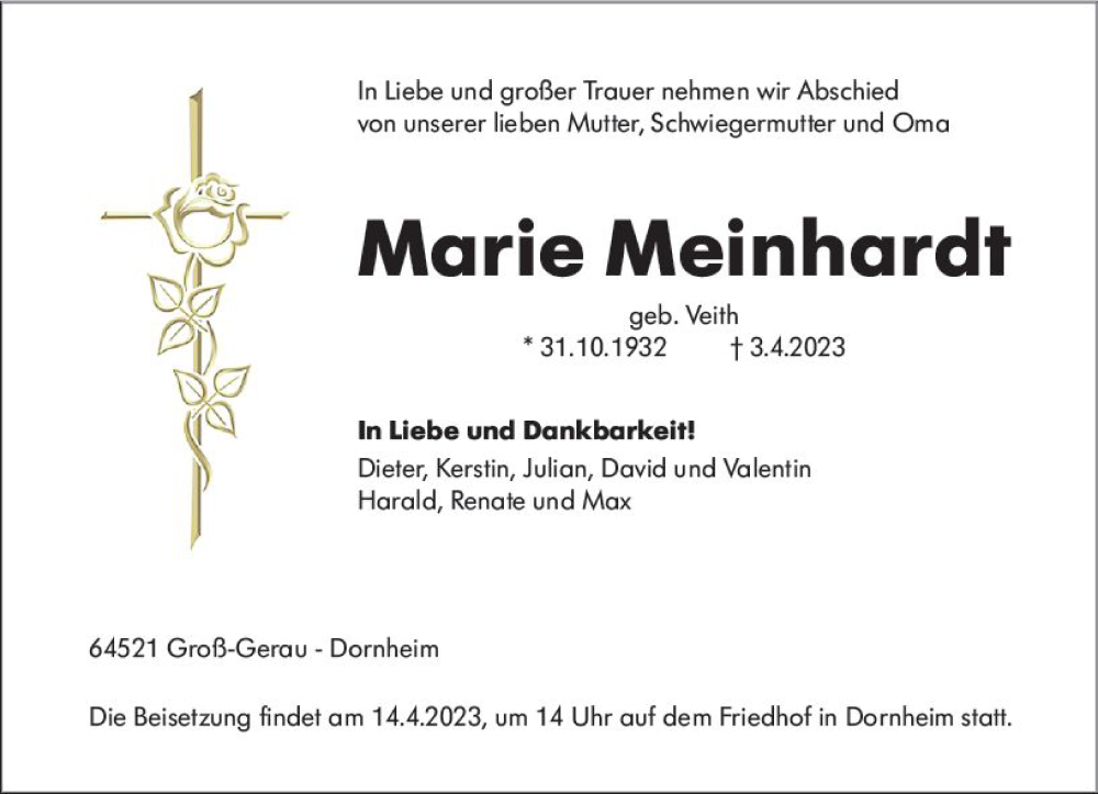  Traueranzeige für Marie Meinhardt vom 08.04.2023 aus Groß-Gerauer Echo