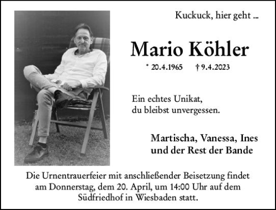 Traueranzeige von Mario Köhler von Wiesbadener Kurier