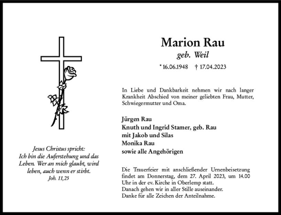 Traueranzeige von Marion Rau von Wetzlarer Neue Zeitung