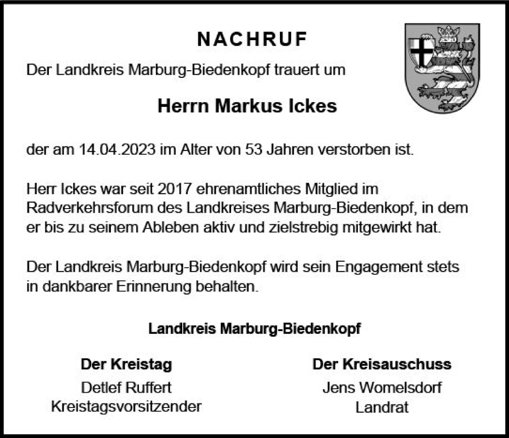  Traueranzeige für Markus Ickes vom 22.04.2023 aus Hinterländer Anzeiger