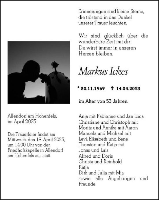 Traueranzeige von Markus Ickes von Hinterländer Anzeiger