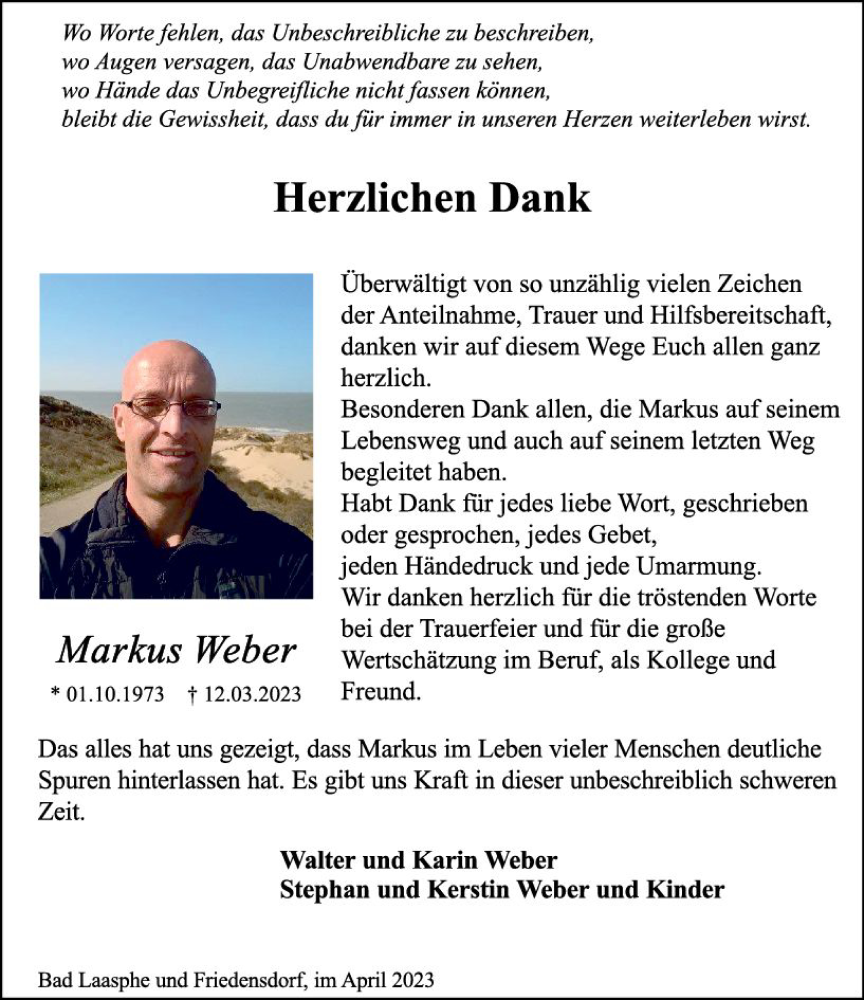  Traueranzeige für Markus Weber vom 29.04.2023 aus Hinterländer Anzeiger
