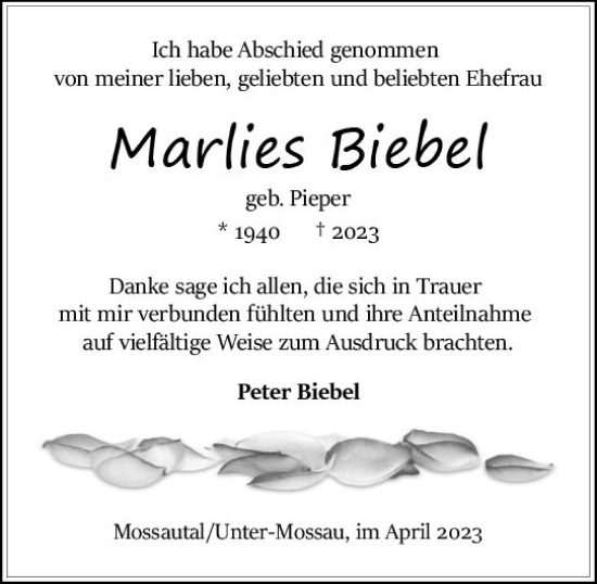 Traueranzeige von Marlies Biebel von Odenwälder Echo